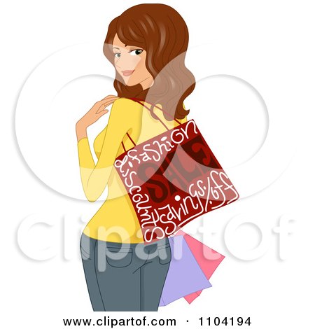 Clipart Brunette Woman With A Shopping Bag Draped Over Her Shoulder And Looking Back - Royalty Free Vector Illustration by BNP Design Studio