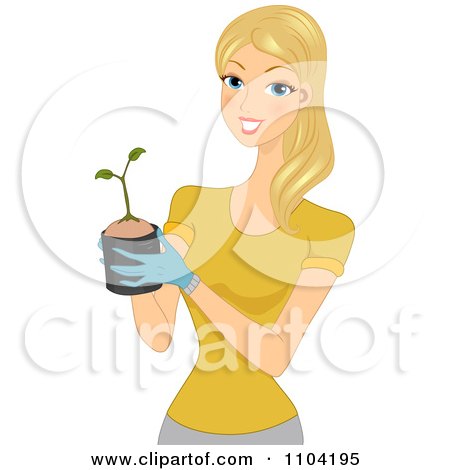 Clipart Pretty Blond Woman Holding A Seedling Plant In A Pot - Royalty Free Vector Illustration by BNP Design Studio