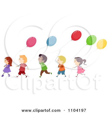 Clipart Group Of Happy Diverse Children With Balloons - Royalty Free Vector Illustration by BNP Design Studio