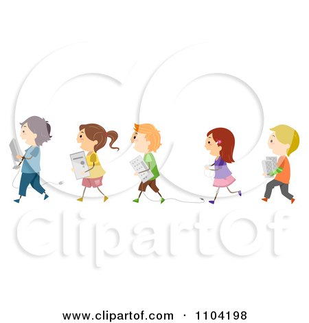 Clipart Happy Children Carrying Pieces Of A Computer - Royalty Free Vector Illustration by BNP Design Studio