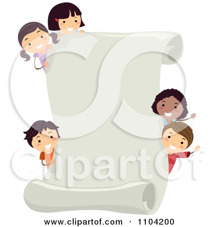 Clipart Happy Diverse Children Looking Around A Scroll Page - Royalty Free Vector Illustration by BNP Design Studio