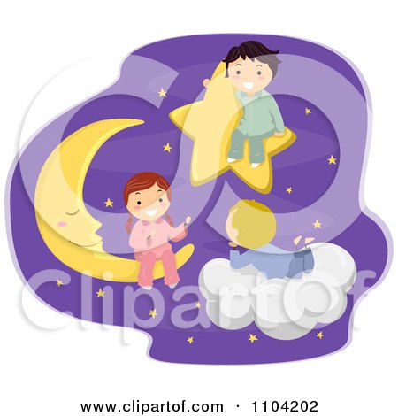 Clipart Happy Children Talking In The Night Sky On A Star Moon And Cloud - Royalty Free Vector Illustration by BNP Design Studio