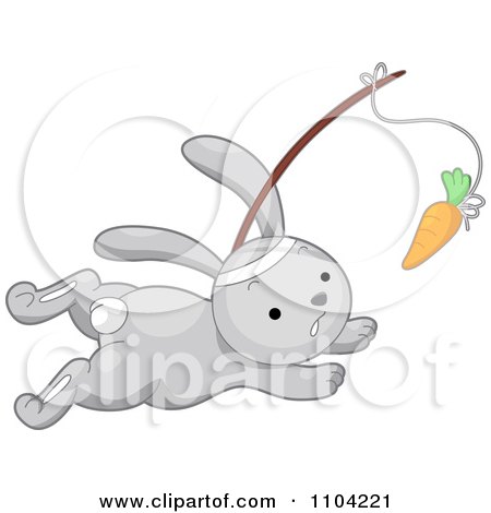 Clipart Gray Rabbit Chasing A Carrot On A Stick - Royalty Free Vector Illustration by BNP Design Studio