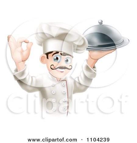 Clipart Happy Gourmet Male Chef Holding A Platter And Gesturing Ok - Royalty Free Vector Illustration by AtStockIllustration