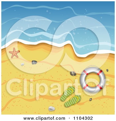 Clipart Beach Surf And Sand Background With Flip Flops A Life Buoy And Starfish - Royalty Free Vector Illustration by vectorace