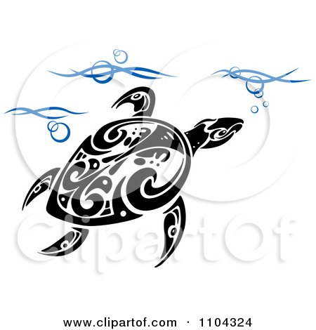 Clipart Black And White Tribal Sea Turtle Swimming In Blue Waves - Royalty Free Vector Illustration by Vector Tradition SM