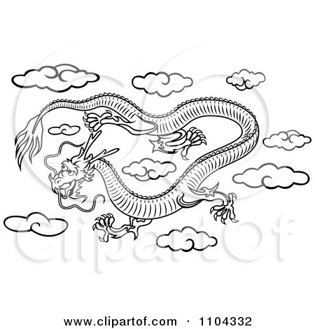 Clipart Black And White Chinese Dragon Flying In The Sky - Royalty Free Vector Illustration by Vector Tradition SM