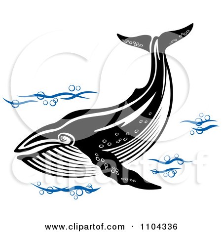 Clipart Black And White Whale Swimming With Blue Waves - Royalty Free Vector Illustration by Vector Tradition SM
