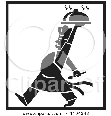 Clipart Retro Black And White Chef Walking And Holding A Platter Above His Head With Black Borders - Royalty Free Vector Illustration by patrimonio