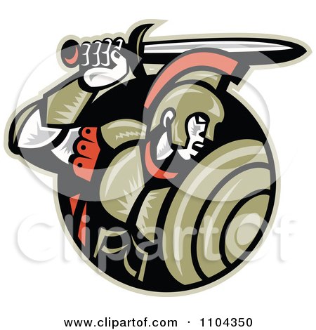 Clipart Retro Woodcut Roman Centurion Soldier With A Shield And Sword In A Black Circle - Royalty Free Vector Illustration by patrimonio