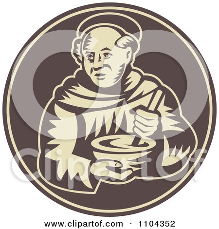 Clipart Retro Friar Monk Mixing Food In A Bowl On A Brown Circle - Royalty Free Vector Illustration by patrimonio