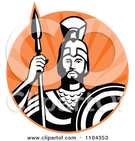 Clipart Retro Roman Centurion Soldier With A Spear And Shield Over Orange Rays - Royalty Free Vector Illustration by patrimonio