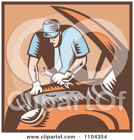 Clipart Retro Auto Mechanic Working On An Engine - Royalty Free Vector Illustration by patrimonio