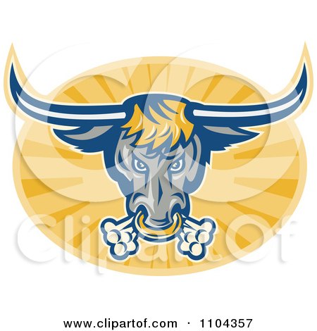 Clipart Retro Texas Longhorn Bull Breathing On An Oval Of Rays - Royalty Free Vector Illustration by patrimonio