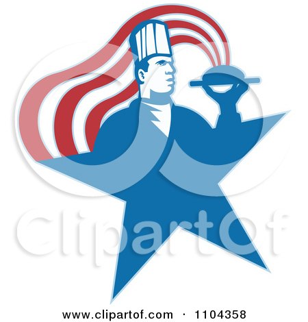 Clipart Male Chef With A Steamy Platter Forming Stripes Over A Blue Star - Royalty Free Vector Illustration by patrimonio