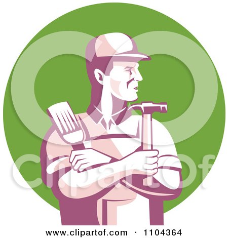 Clipart Retro Male Carpenter Holding A Brush And Hammer Over A Green Circle - Royalty Free Vector Illustration by patrimonio