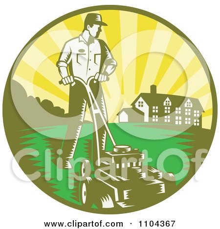 Clipart Retro Landscaper Mowing A Lawn Near A House - Royalty Free Vector Illustration by patrimonio