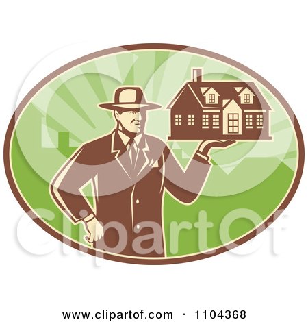 Clipart Retro Male Real Estate Agent Holding A House Over A Green Oval - Royalty Free Vector Illustration by patrimonio
