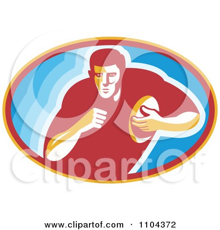 Clipart Rugby Player Running In A Blue Oval - Royalty Free Vector Illustration by patrimonio
