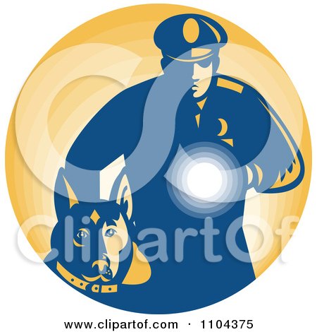 Clipart Retro Security Guard With A Dog And Flashlight Over Orange - Royalty Free Vector Illustration by patrimonio