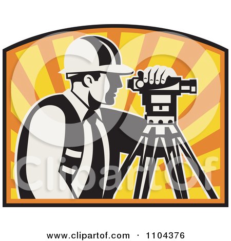 Clipart Retro Surveyor Using A Theodolite Against A Sunset - Royalty Free Vector Illustration by patrimonio