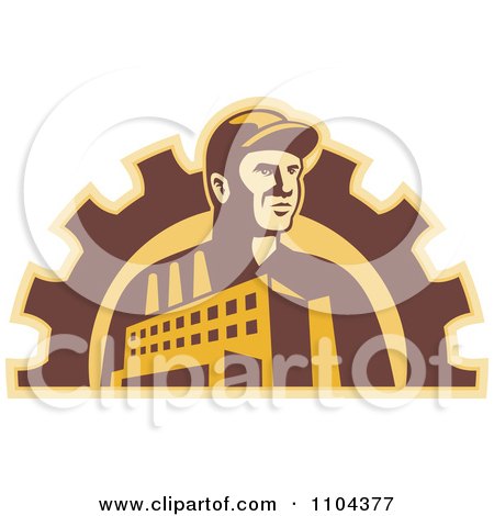 Clipart Retro Factory Worker Man With A Building And Gear Cog - Royalty Free Vector Illustration by patrimonio