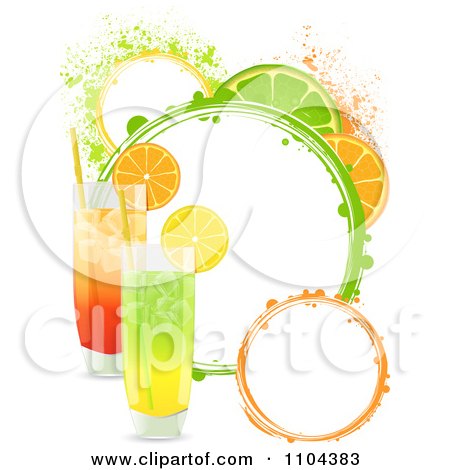 Clipart Highball Cocktails With Lemon Orange And Lime Slices And Grunge Circles - Royalty Free Vector Illustration by elaineitalia