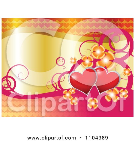 Clipart Wedding Anniversary Or Valentines Day Background Of Red Hearts Flowers And Swirls With Gold - Royalty Free Vector Illustration by merlinul