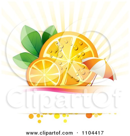 Clipart Juicy Orange Slices And Leaves With An Umbrella Over Copyspace And Rays - Royalty Free Vector Illustration by merlinul