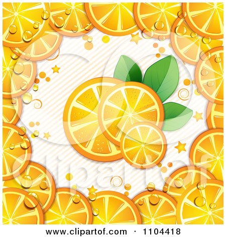 Clipart Fresh Orange Slices And Leaves Bordered With Wedges Over Stripes - Royalty Free Vector Illustration by merlinul