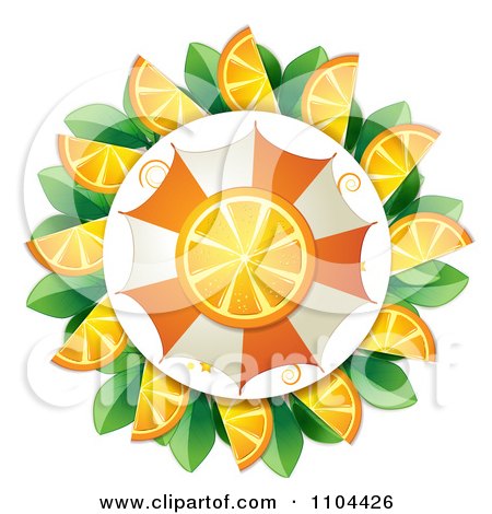 Clipart Orange Slice And Umbrella Circled By Wedges And Leaves - Royalty Free Vector Illustration by merlinul