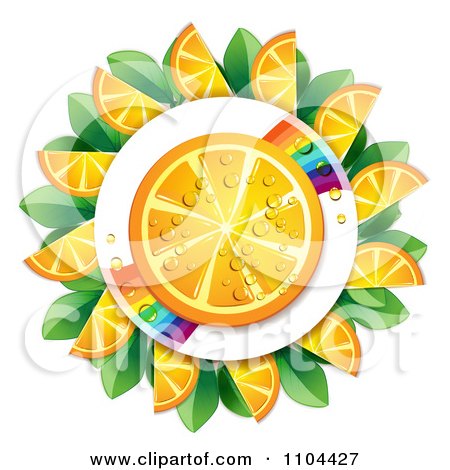 Clipart Juicy Orange Slice And Rainbow Circled By Wedges And Leaves - Royalty Free Vector Illustration by merlinul