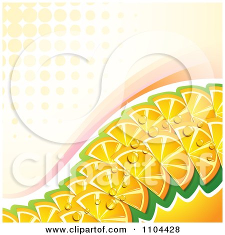 Clipart Wave Of Juicy Orange Slices With Swooshes And Halftone - Royalty Free Vector Illustration by merlinul