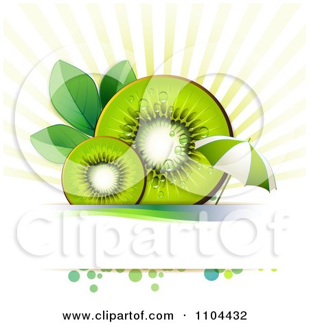 Clipart Juicy Kiwi Slices And An Umbrella With Leaves Rays And Dots Over Copyspace - Royalty Free Vector Illustration by merlinul