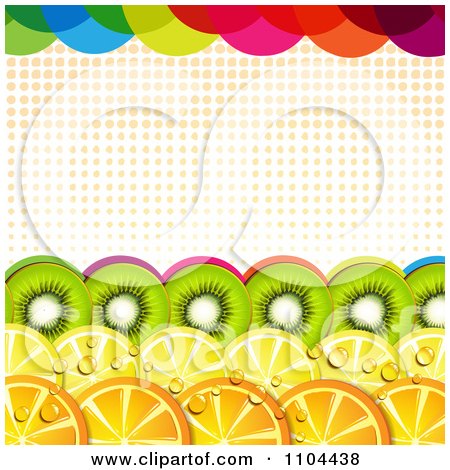 Clipart Border Of Kiwi Lemon And Orange Slices With Halftone And Colorful Dots - Royalty Free Vector Illustration by merlinul