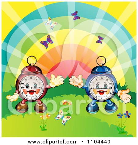 Clipart Happy Aplarm Clocks With A Rainbow And Butterflies - Royalty Free Vector Illustration by merlinul
