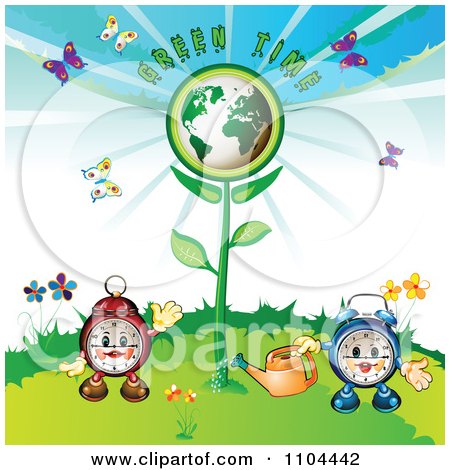 Clipart Alarm Clocks Watering A Globe Plant - Royalty Free Vector Illustration by merlinul