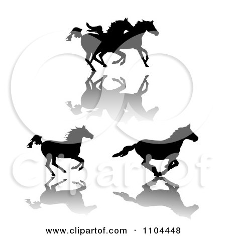 Clipart Silhouetted Running Horses And Shadows - Royalty Free Vector Illustration by merlinul