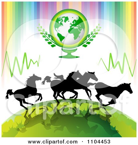 Clipart Silhouetted Wild Horses Running Under Earth With Rainbow Stripes - Royalty Free Vector Illustration by merlinul