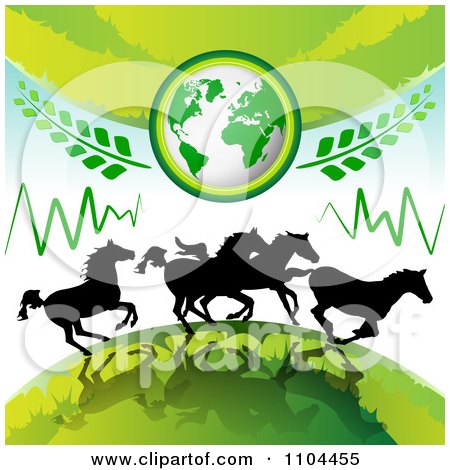 Clipart Silhouetted Wild Horses Running Under Earth With Leaves - Royalty Free Vector Illustration by merlinul