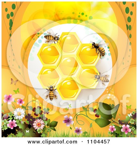Clipart Bees On Honeycombs Over Orange With Flowers - Royalty Free Vector Illustration by merlinul