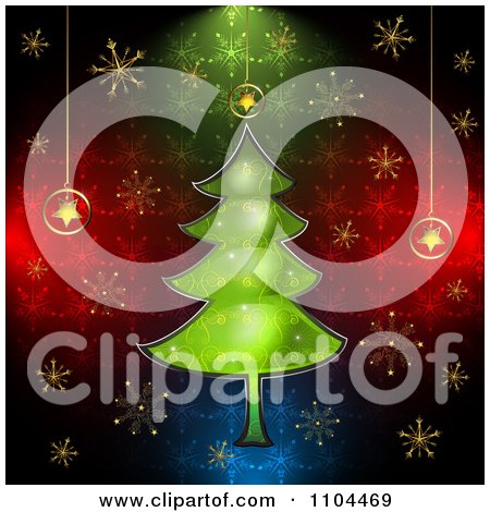 Clipart Christmas Background With A Green Tree And Snowflakes Over Colors - Royalty Free Vector Illustration by merlinul