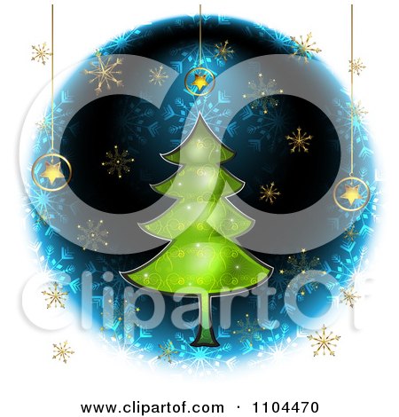 Clipart Christmas Tree In A Blue Circle With Star Onaments And Gold Snowflakes - Royalty Free Vector Illustration by merlinul