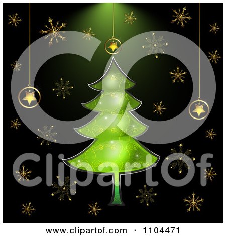 Clipart Christmas Background With A Green Tree And Gold Snowflakes On Black - Royalty Free Vector Illustration by merlinul
