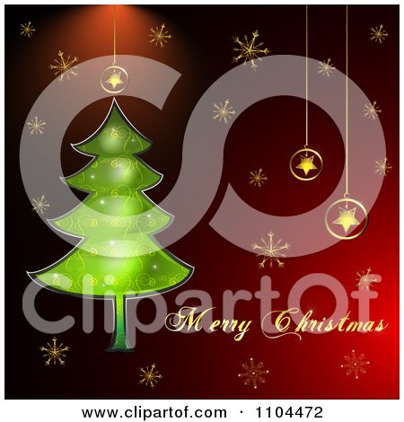 Clipart Merry Christmas Text With A Tree Star Ornaments And Gold Snowflakes On Red - Royalty Free Vector Illustration by merlinul