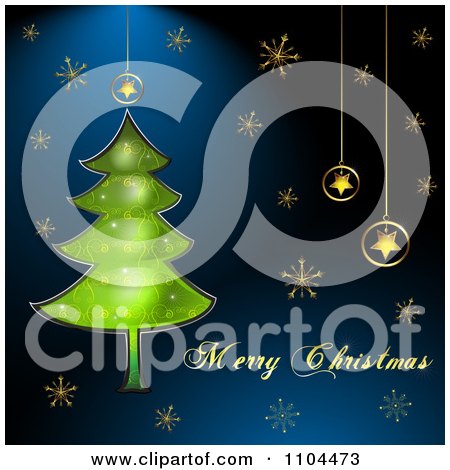 Clipart Merry Christmas Text With A Tree Star Ornaments And Gold Snowflakes On Blue - Royalty Free Vector Illustration by merlinul