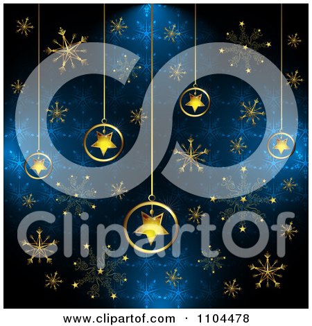 Clipart Christmas Background Of Gold Star Ornaments And Snowflakes On Blue 2 - Royalty Free Vector Illustration by merlinul