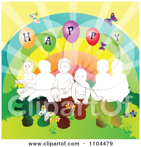 Clipart Children With A Rainbow Butterflies Flowers Sunshine And Happy Balloons - Royalty Free Vector Illustration by merlinul