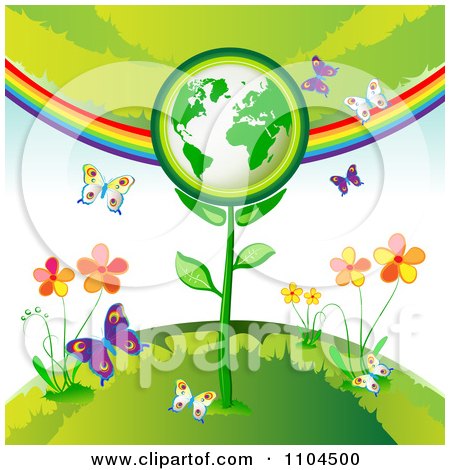 Clipart Green Globe Plant With Butterflies Flowers And A Rainbow 1 - Royalty Free Vector Illustration by merlinul