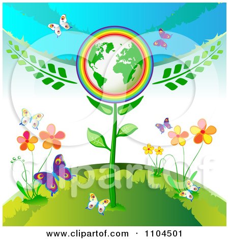 Clipart Green Globe Plant With Butterflies Flowers And A Rainbow 2 - Royalty Free Vector Illustration by merlinul